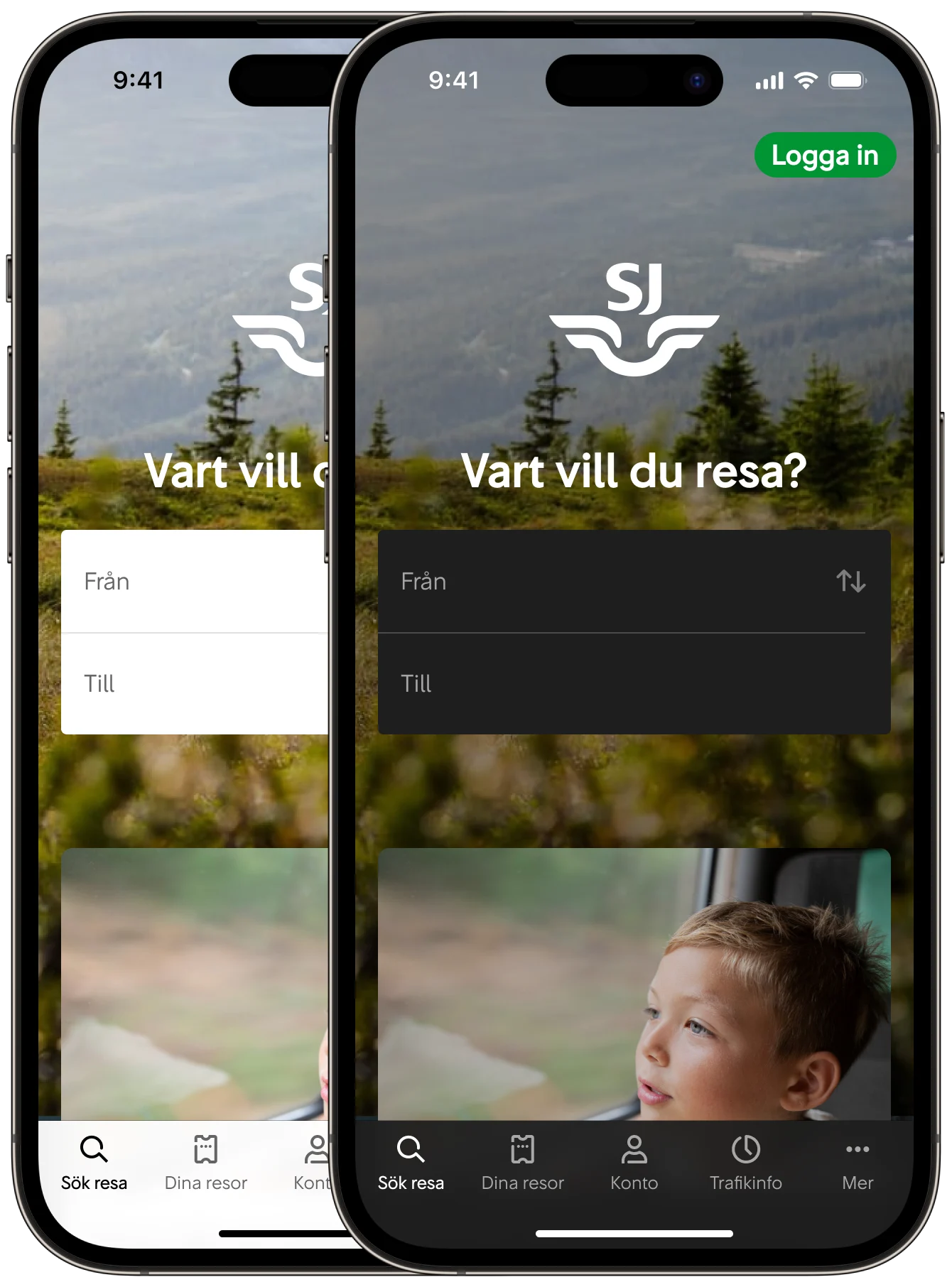 SJs app i mörkt och ljust läge.