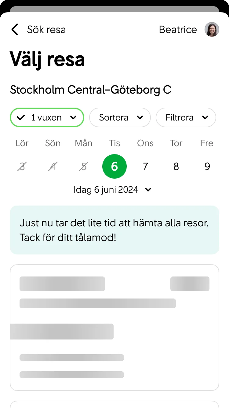 Vi visar ett blått informationskort om hämtningen går trögare än vanligt.