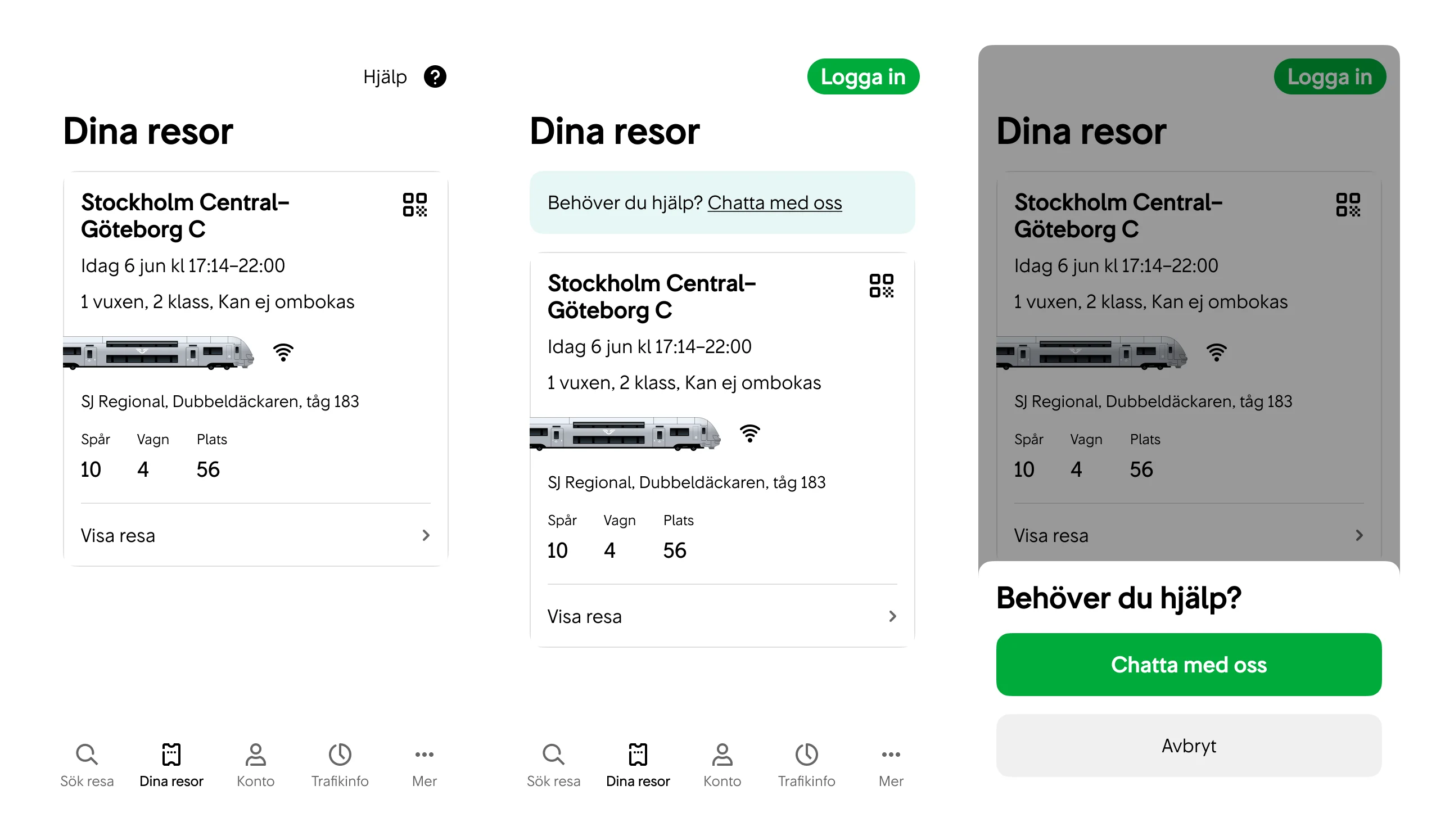 Bara på de sidor där vi vet att många användare behöver mer hjälp ska vi visa någon slags Hjälp-knapp. Uppmuntran kan vara olika prominent: en knapp, en informationsruta eller en alert.