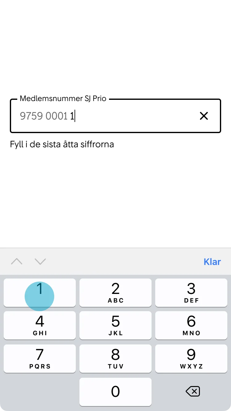 3. Användaren börjar skriva in de sista åtta siffrorna i medlemsnumret.