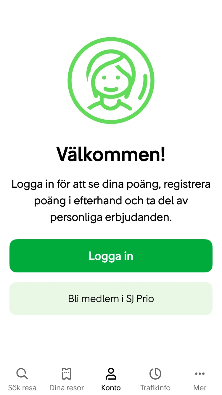 Logga in-knapp på Konto-sidan.