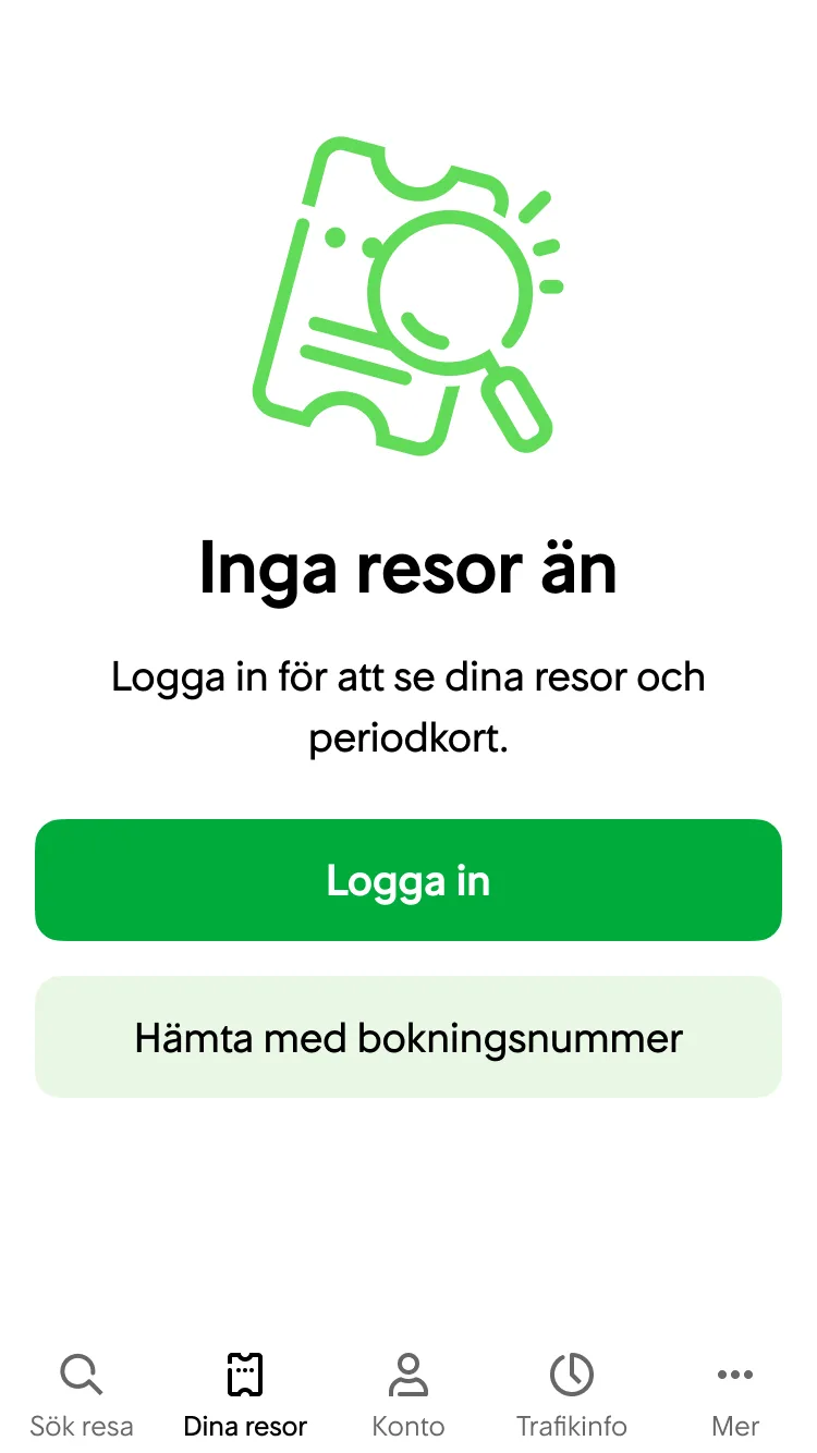 Användaren går in på Dina resor-sidan utan att ha loggat in eller hämtat några resor med bokningsnummer.