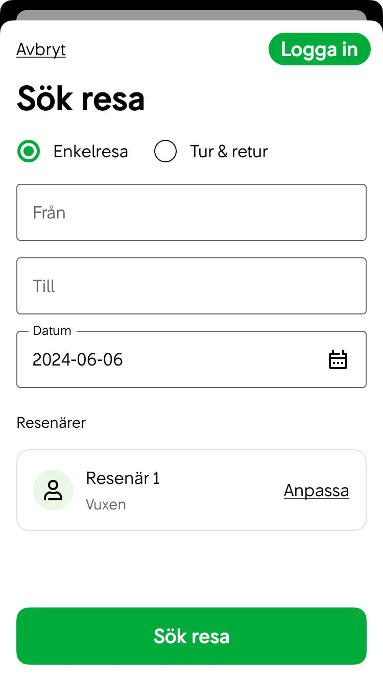 Logga in-knapp på Sök resa-sidan i köpflödet.