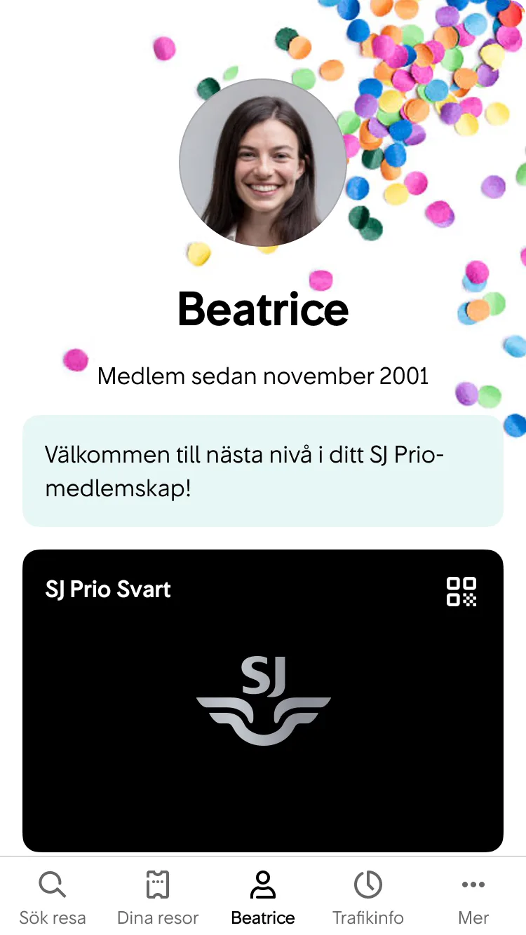 Vi visar animerad konfetti för att fira att användaren har nått en ny nivå i sitt SJ Prio-medlemskap.