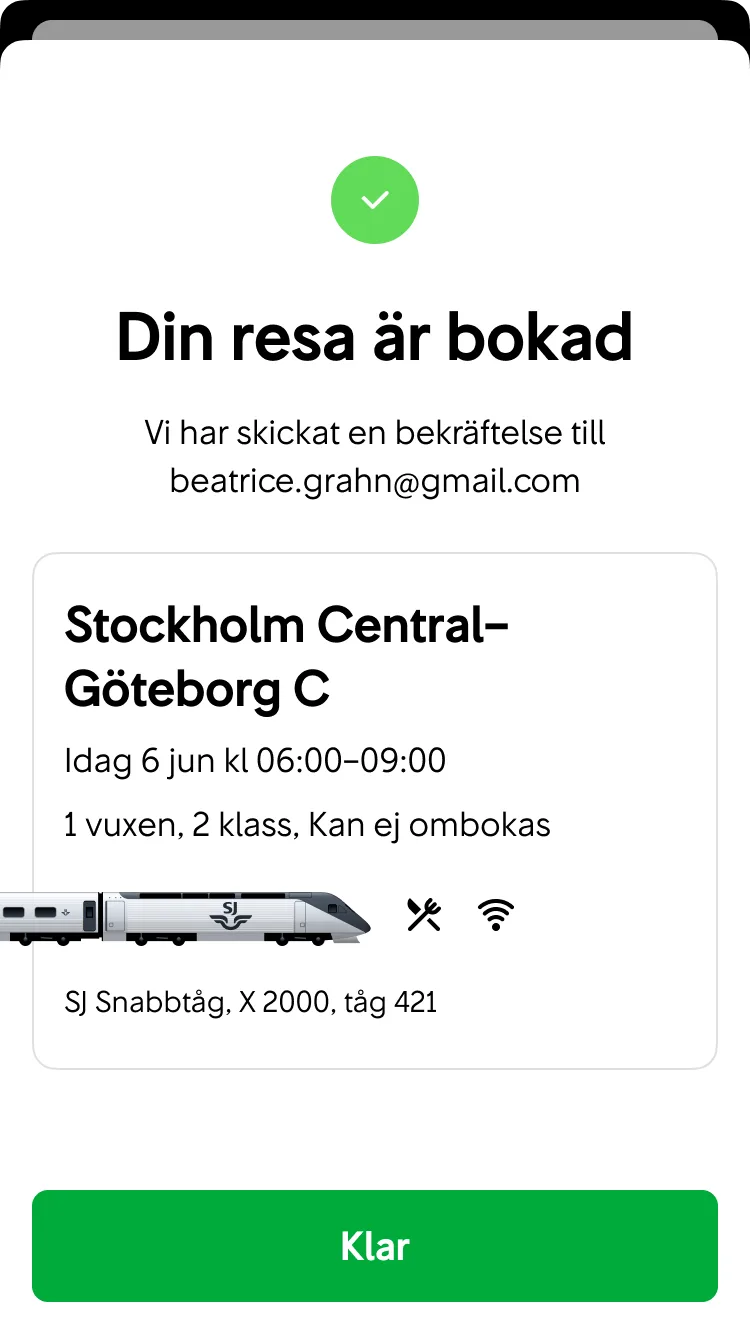 Vi visar en stor grön checkmark överst på bokningsbekräftelsen för att fira att användaren är klar.