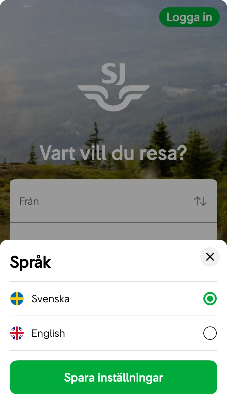 Språkväljare med svenska och engelska i ett bottom sheet.