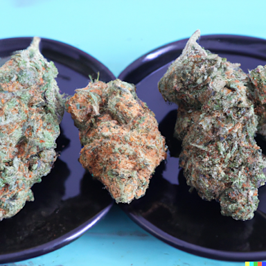 Drei Cannabis-Blüten auf Tellern zur Präsentation