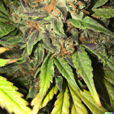 Detailaufnahme einer Blüte und Blätter einer Cannabispflanze