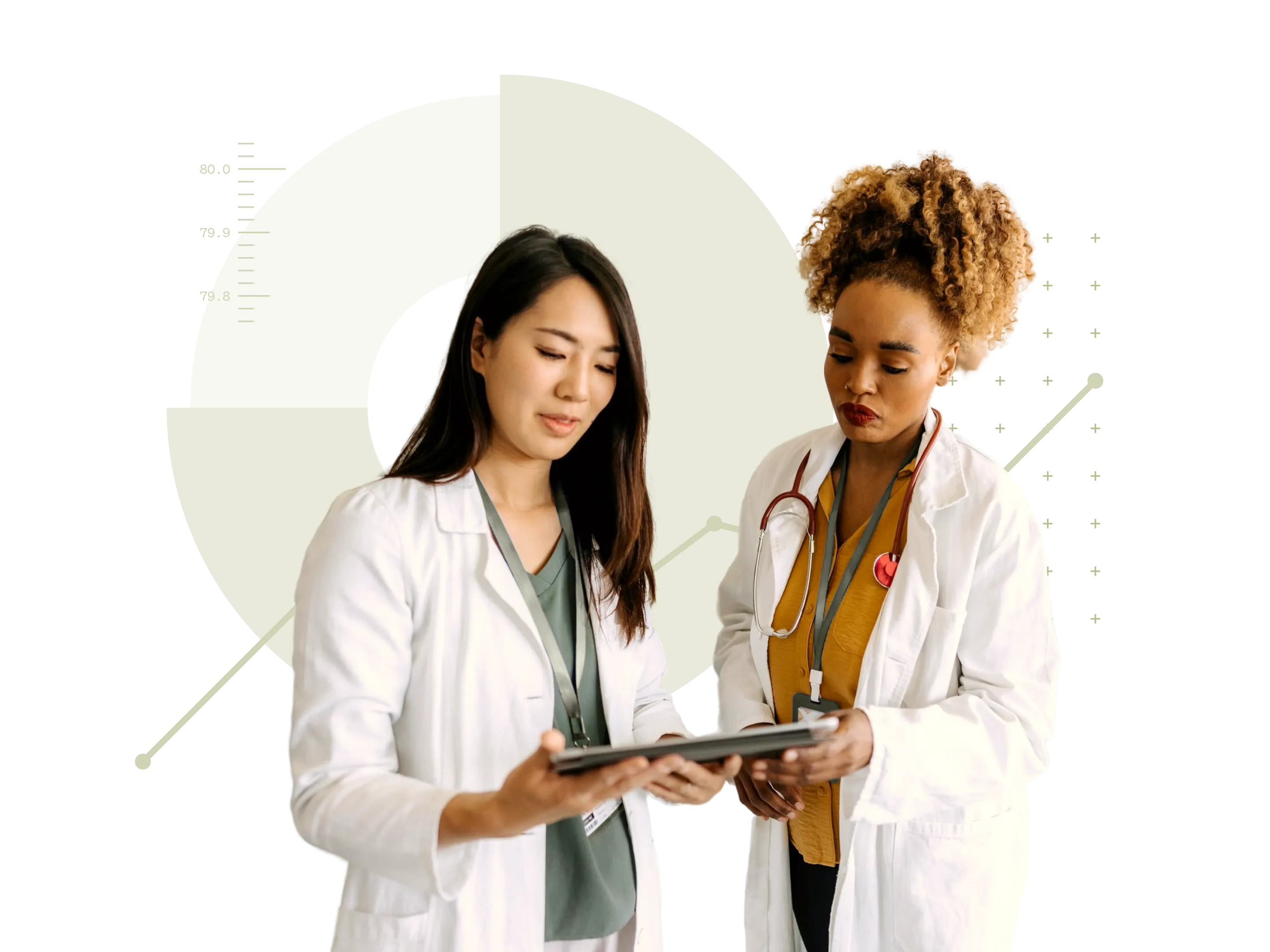 Two young women medical students discuss test results on a digital tablet