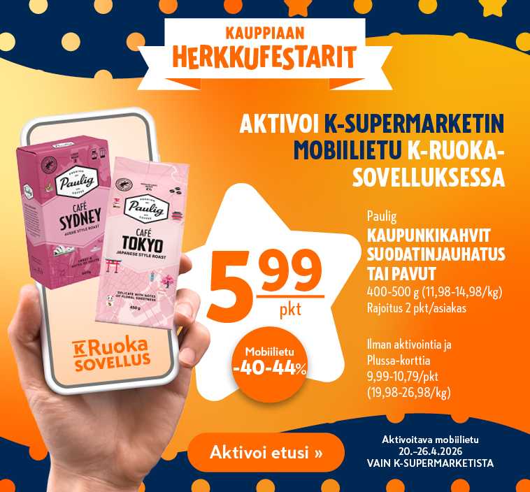 Oranssi mainos K-Supermarketille, jossa mainostetaan Paulig Café Sydneyä ja Tokyo-kahvia hintaan 5,99 dollaria ja 40–44 %:n mobiilialennuksella.