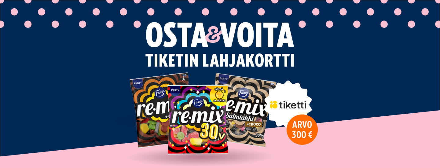 Osta K-Supermarketista Fazer Remix makeispussi ja voita 300 € arvoinen Tiketti-lahjakortti