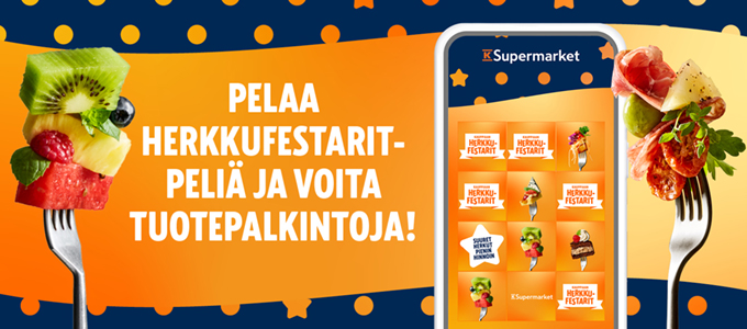 K-Supermarketin mainos, jossa on suomenkielinen teksti, hedelmiä ja lihaa haarukoilla sekä älypuhelin, jossa näkyy pelisovellus oranssilla taustalla.