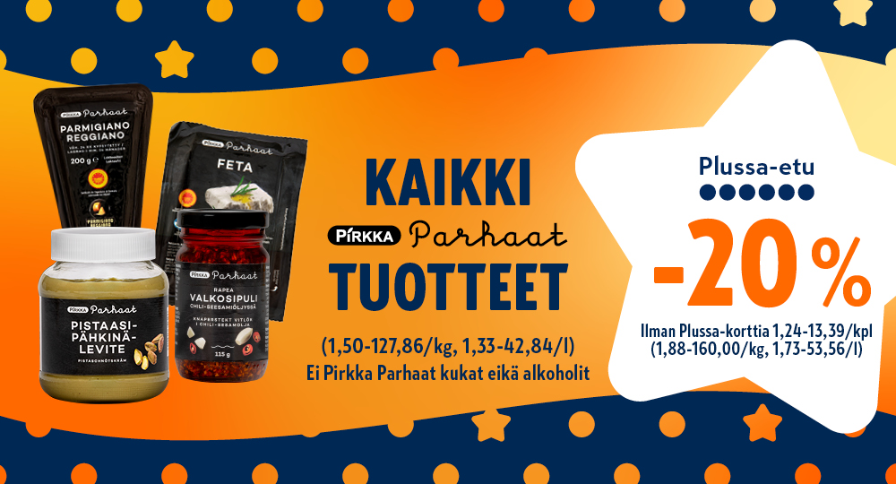 Pirkka Parhaat -tuotteita alennuksessa 20 % Plussa-alennuksella. Tarjouksessa maapähkinävoita, fetaa, valkosipulia ja parmesaania oranssilla pohjalla.