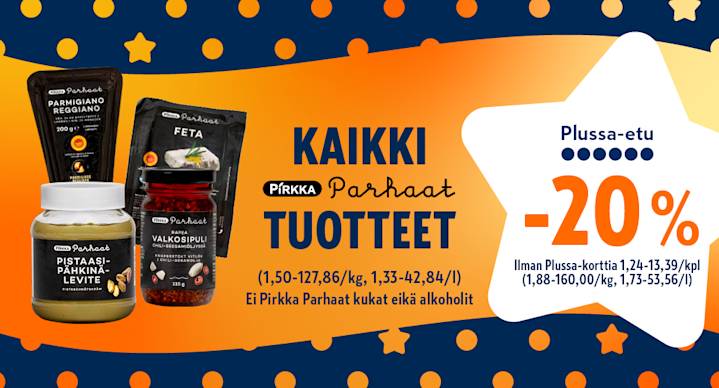 Pirkka Parhaat -tuotteita alennuksessa 20 % Plussa-alennuksella. Tarjouksessa maapähkinävoita, fetaa, valkosipulia ja parmesaania oranssilla pohjalla.