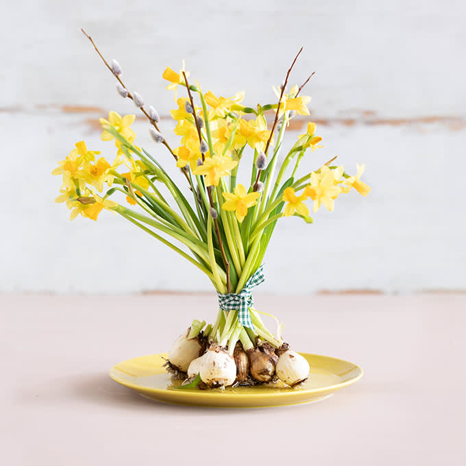 narsissikimppu paasiaisasetelma narsissit pajunksissat kimppu