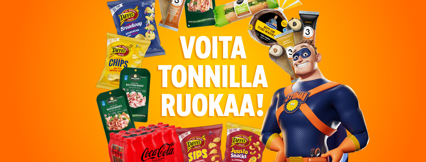 Oranssilla taustalla oleva Syoman, jota ympäröivät elintarvikkeet ja suomenkielinen teksti Voita Tonnilla Ruokaa.