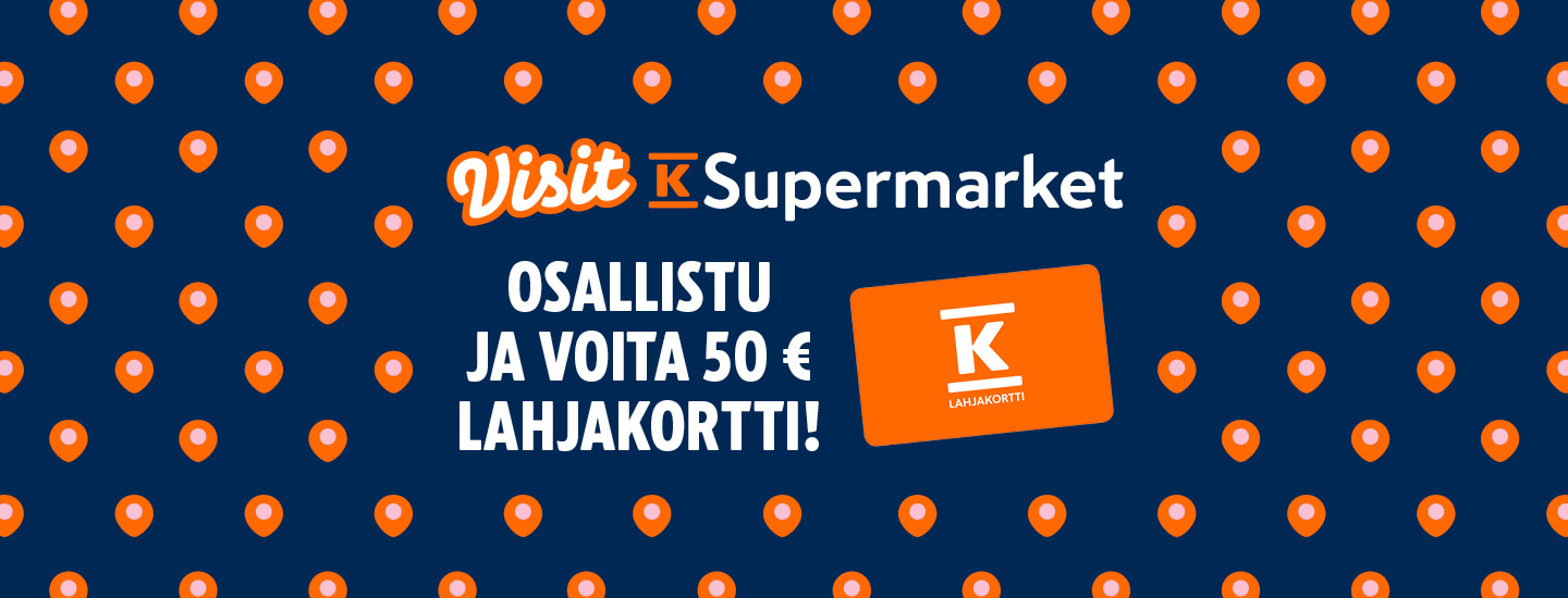 Tummansininen banneri oransseilla sijaintipinneillä, joka mainostaa Visit K-Supermarket -kilpailua, jossa voi voittaa 50 € K- lahjakortin.