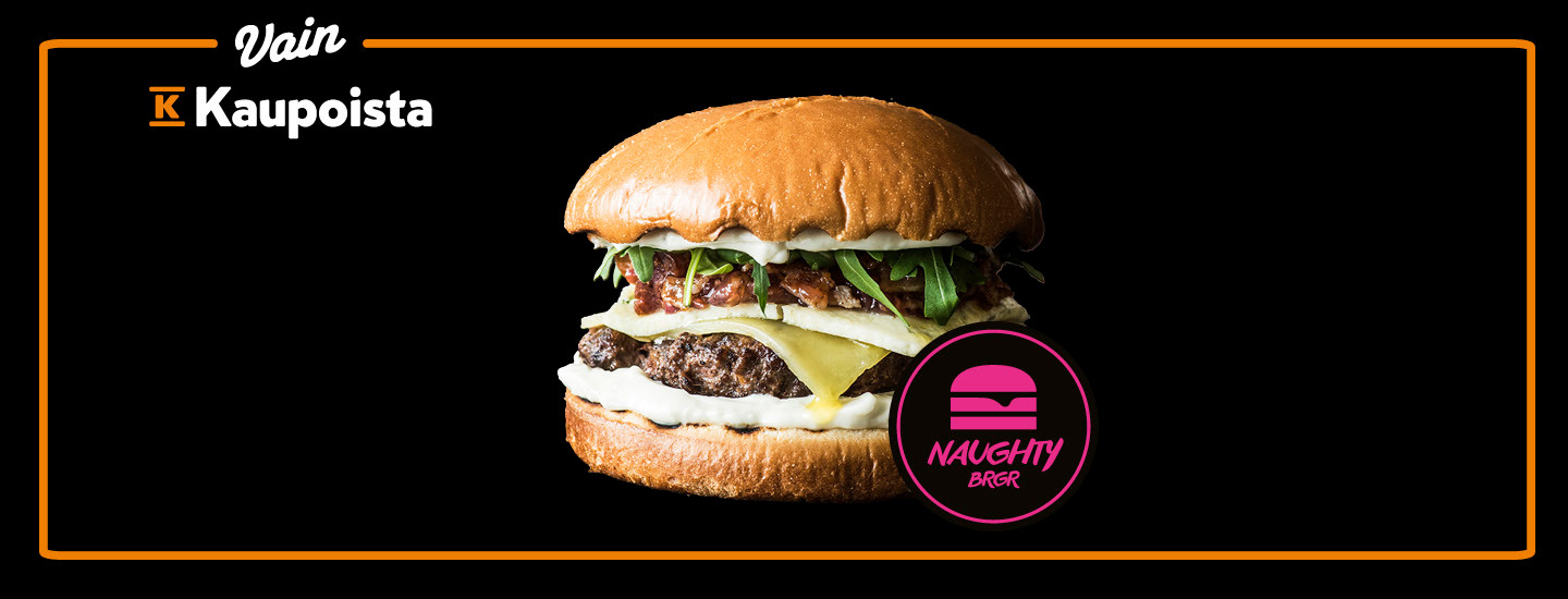 Kuvituskuva Vain K-kaupoista saatavasta Naughty BRGR -hampurilaisesta mustalla taustalla.
