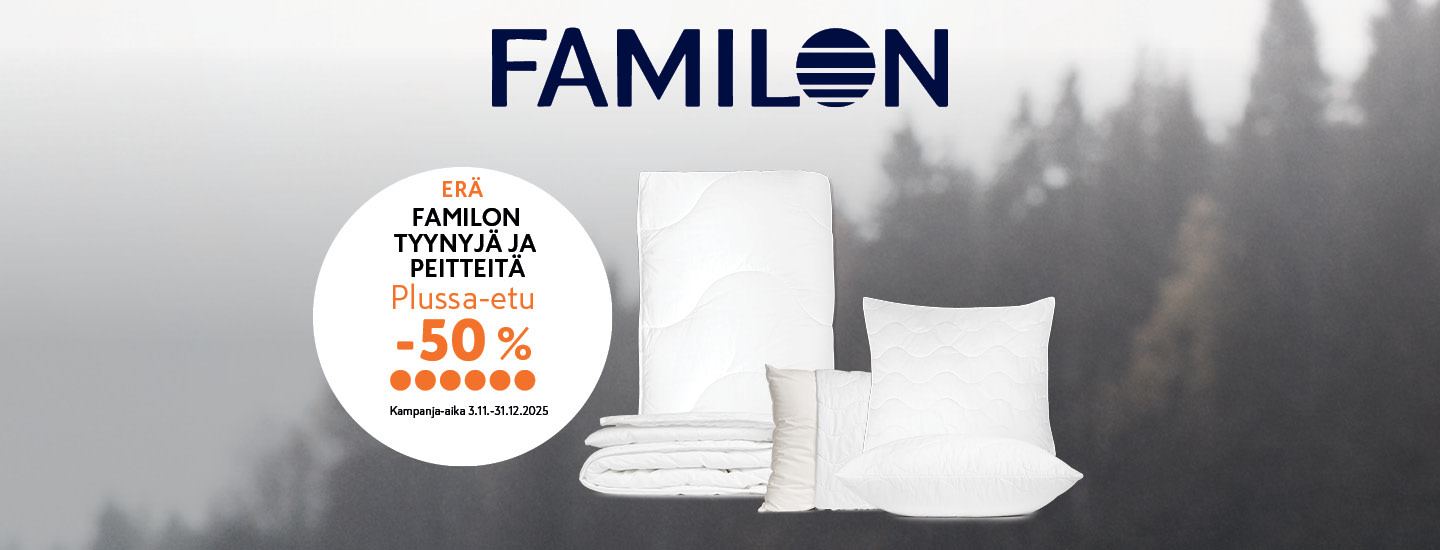 Familon tyynyjä ja peitteitä Plussa-kortilla -50%