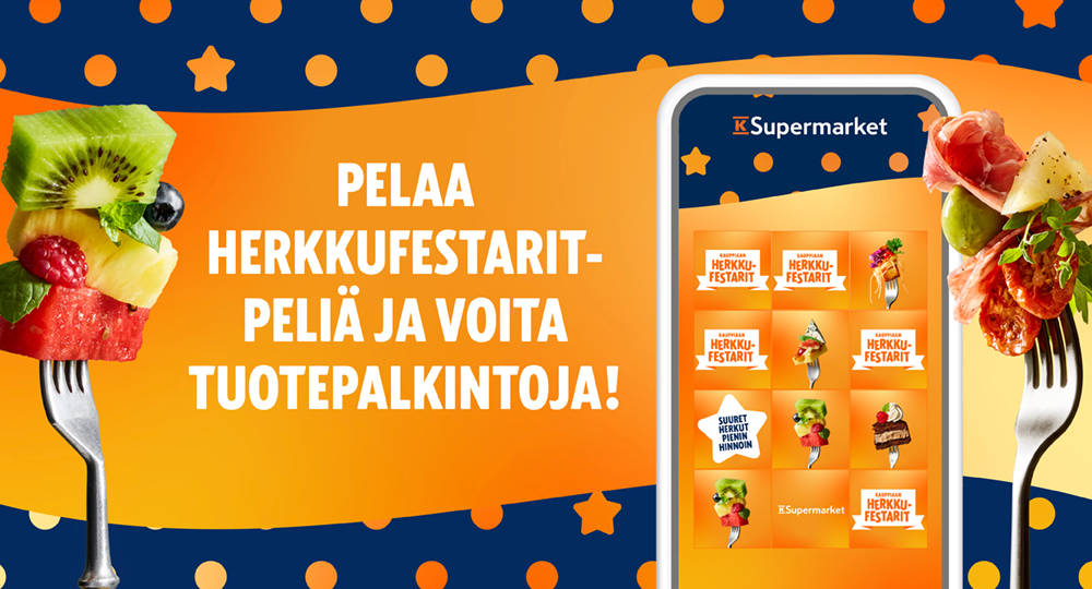 K Supermarket Herkkufestarit -pelin mainosbanneri, jossa on älypuhelin, värikkäitä ruokia haarukoilla ja teksti palkintojen voittamisesta.