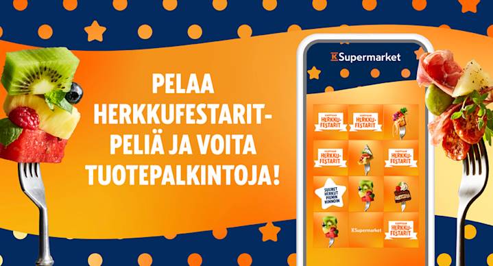 K Supermarket Herkkufestarit -pelin mainosbanneri, jossa on älypuhelin, värikkäitä ruokia haarukoilla ja teksti palkintojen voittamisesta.