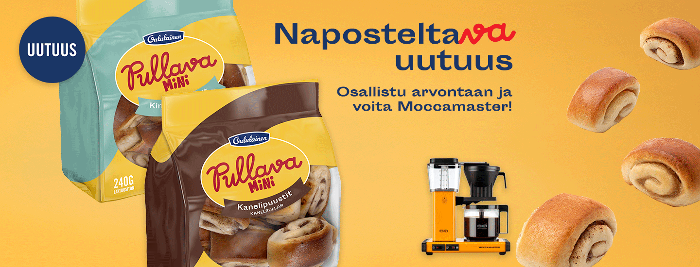 Keltaisella taustalla Pullava minipuustipusseja, keltainen Moccamaster sekä teksti "Naposteltava uutuus - osallistu arvontaan ja voita Moccamaster"