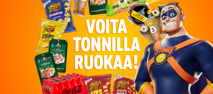 Syömän hahmo oranssilla pohjalla välipaloilla ja tekstillä "Voita Tonnilla Ruokaa!"