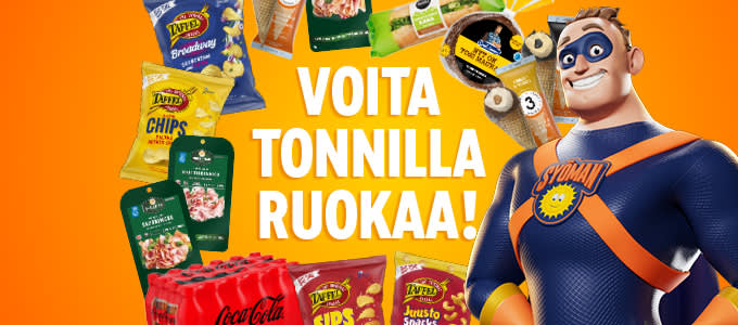 Syömän hahmo oranssilla pohjalla välipaloilla ja tekstillä "Voita Tonnilla Ruokaa!"