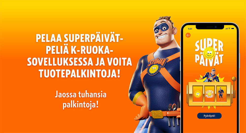 Syömän hahmo oranssilla taustalla kolikkopeliä näyttävän puhelimen vieressä; mukana suomenkielistä mainostekstiä.