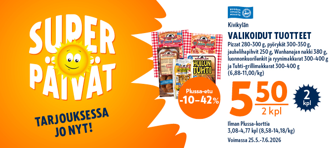Oranssi mainosbanneri, jossa aurinkografiikka ja teksti Superpäivät. Tarjouksessa Kivikylän valikoidut tuotteet hintaan 5,50 € / 2 kpl.