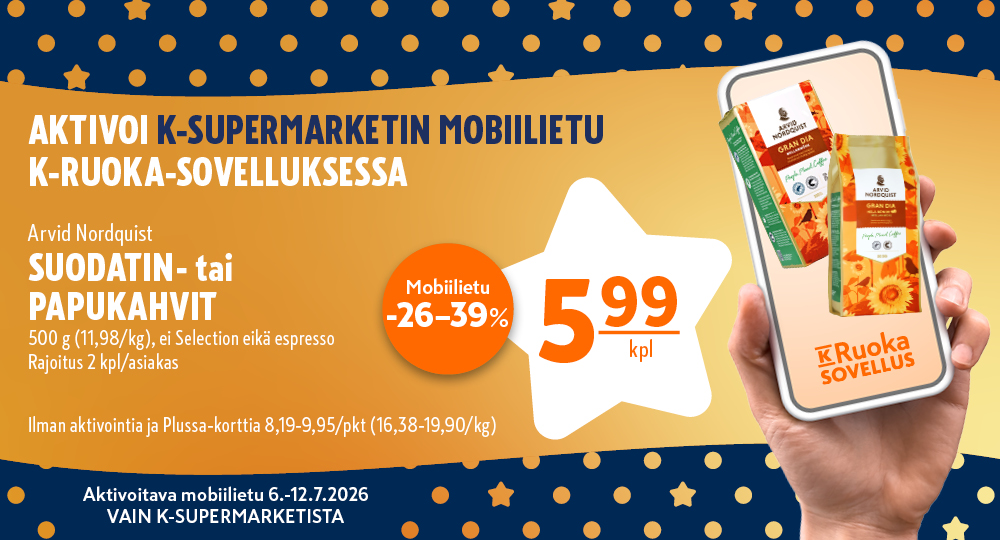 K-Supermarketin mobiilitarjous Arvid Nordquist -kahvista hintaan 5,99 €/pkt (alennus 26–39 %) K-Ruoka-sovelluksessa. Voimassa 6.-12.7.2026