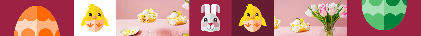 Pääsiäisaiheinen banneri, jossa on koristeltuja munia, sarjakuvapupun ja -tipun naamoja, vaaleanpunaisia ​​tulppaaneja ja jälkiruokia lasikulhoissa