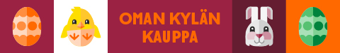 Koristeellinen banneri, jossa teksti "Oman Kylan Kauppa" oranssein kirjaimin viininpunaisella taustalla, pääsiäisaiheisilla sarjakuvakuvakkeilla