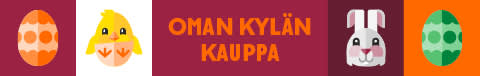 Koristeellinen banneri, jossa teksti "Oman Kylan Kauppa" oranssein kirjaimin viininpunaisella taustalla, pääsiäisaiheisilla sarjakuvakuvakkeilla