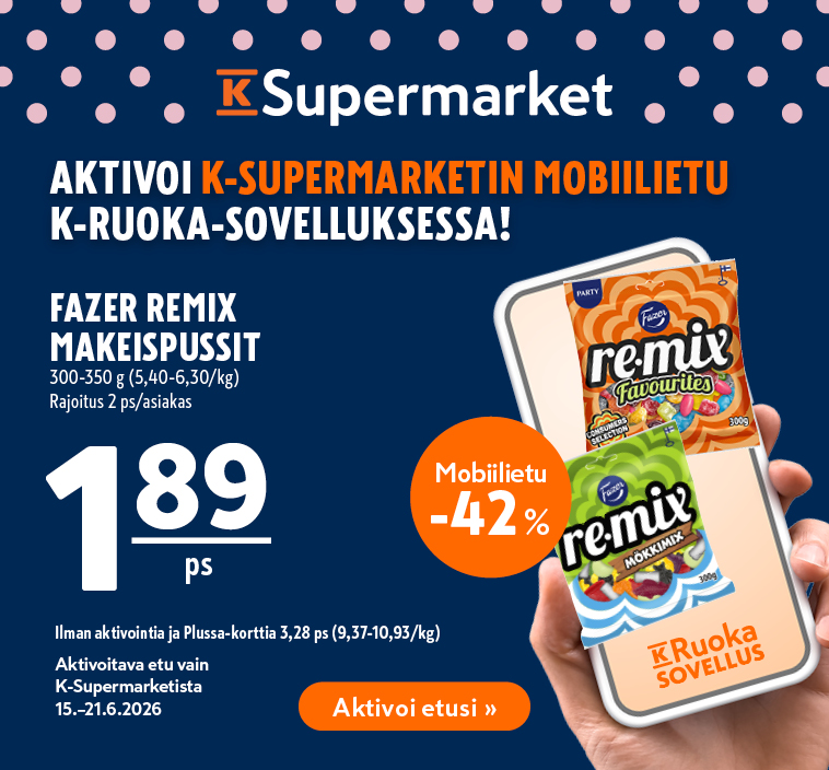 K-Supermarketin mainos, jossa Fazer Remix -karkkipusseja hintaan 1,89 ps ja 42 %:n mobiilisovellusalennus. Voimassa 15.–21.6.2026.