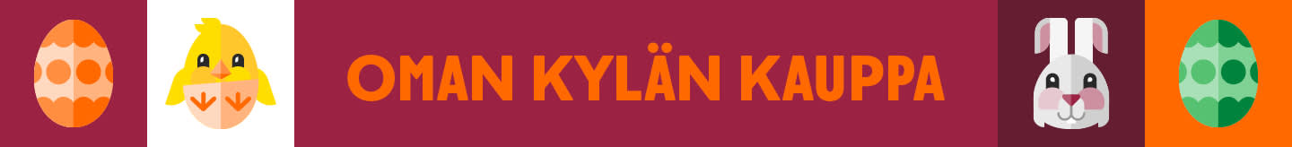 Koristeellinen banneri, jossa teksti "Oman Kylan Kauppa" oranssein kirjaimin viininpunaisella taustalla, pääsiäisaiheisilla sarjakuvakuvakkeilla