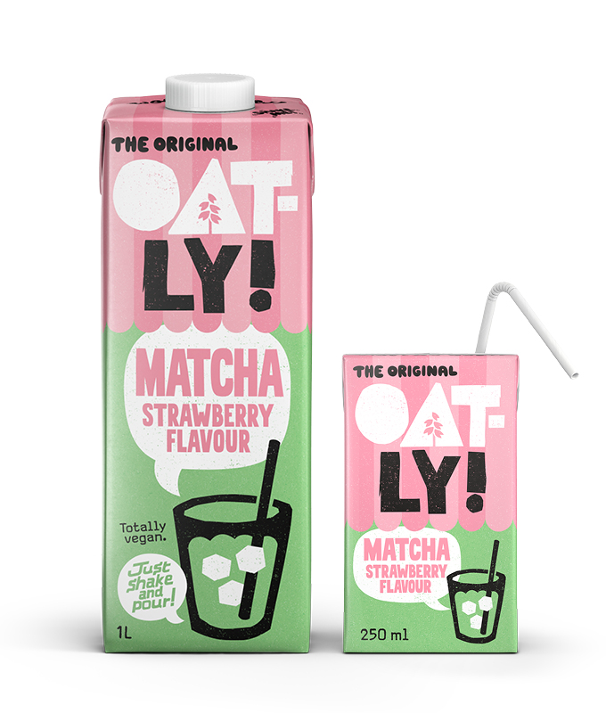 1L ja 250ml purkit Oatly Strawberry Matchaa