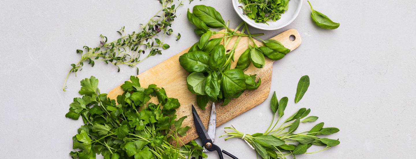 Erilaisia yrttejä leikkuulaudalla harmaalla taustalla.