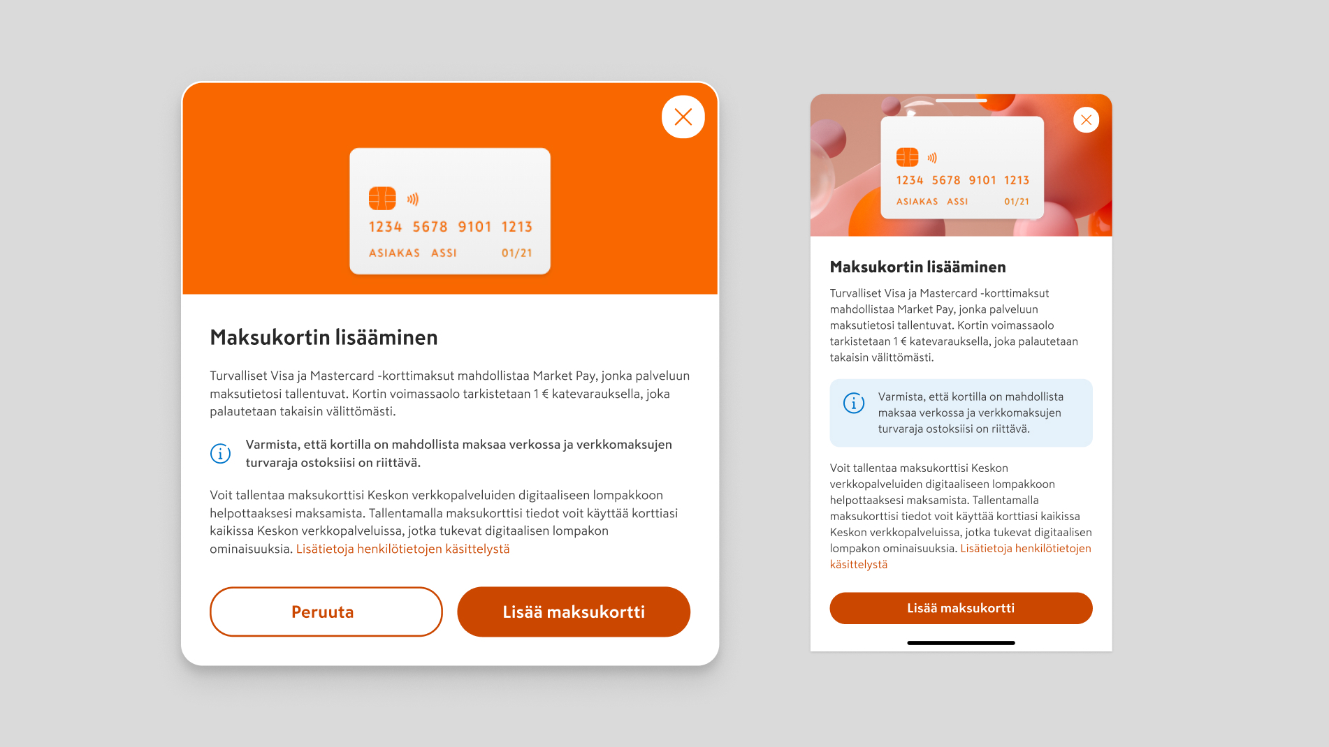 Lisää uusi maksukortti -näkymä (K-Ruoka.fi, K-Ruoka mobiilisovellus)