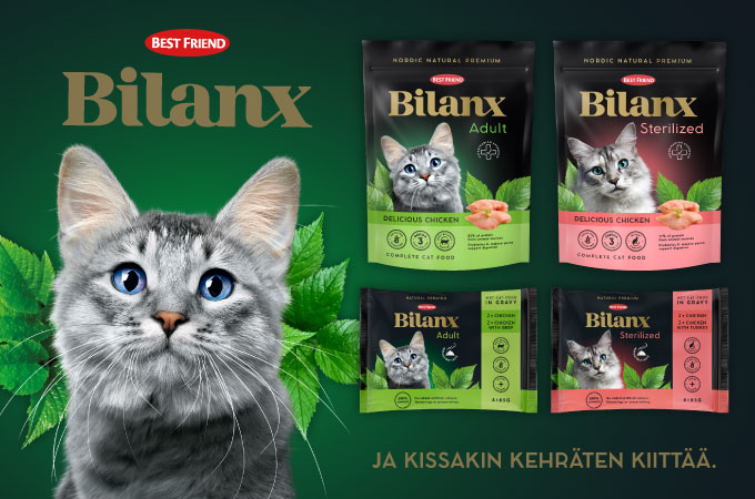 Vihreällä taustalla kissa ja Bilanx tuotteita