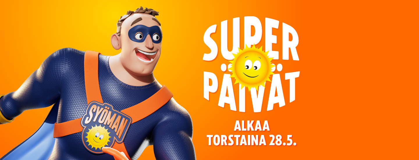 Syömän hahmo sinisessä ja oranssissa puvussa oranssilla pohjalla. Teksti kuuluu Superpäivät alkaa torstaina 28.5.