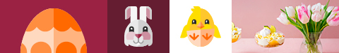 Pääsiäisaiheinen banneri, jossa on koristeltuja munia, sarjakuvapupun ja -tipun naamoja, vaaleanpunaisia ​​tulppaaneja ja jälkiruokia lasikulhoissa