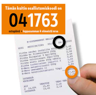 Käsi pitelee kuittia, jonka yläpuolella oranssissa bannerissa näkyy osallistumiskoodi.