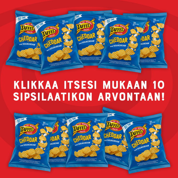 Punaisella taustalla Taffel sipsipusseja ja Teksti " Klikkaa itsesi mukaan 10 sipsilaatikon arvontaan!"