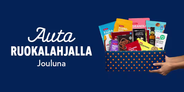 Auta ruokalahjalla jouluna. Kuvassa korillinen tuotteita.