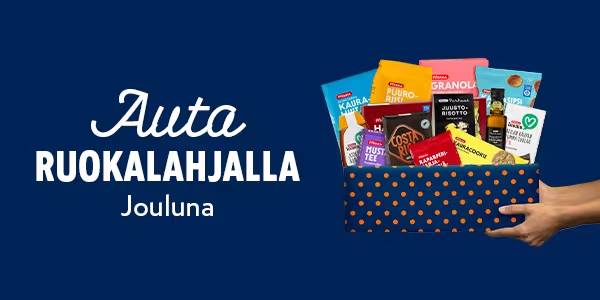 Auta ruokalahjalla jouluna. Kuvassa korillinen tuotteita.