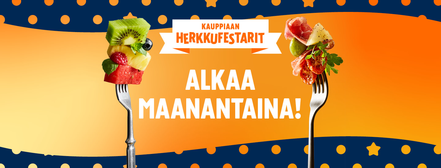 Kaksi haarukkaa pitelevät värikkäitä ruokapuruja oranssilla pohjalla ja suomeksi teksti "Kauppiaan Herkkufestarit Alkaa Maanantaina!"