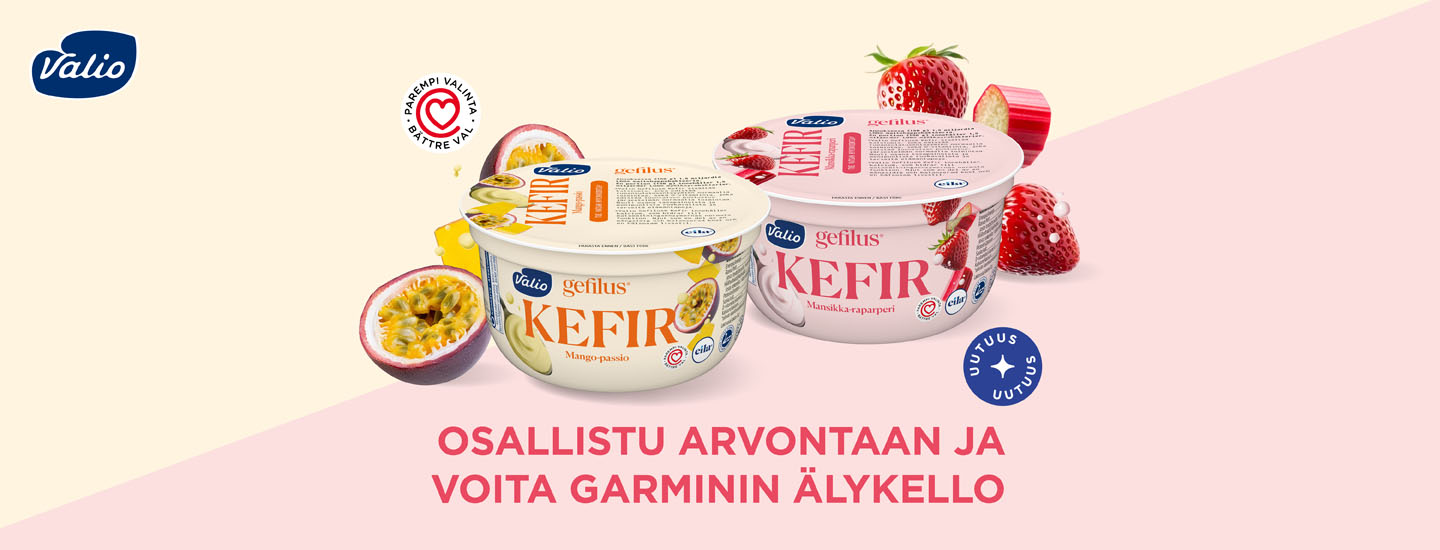 Vaaleanpunaiselle ja vaaleankeltaisella taustalla Valio Kefir pikareita, mansikoita, raparpereja ja passionhedelmän paloja sekä teksti "Osallistu arvontaan ja voita Garminin älykello".