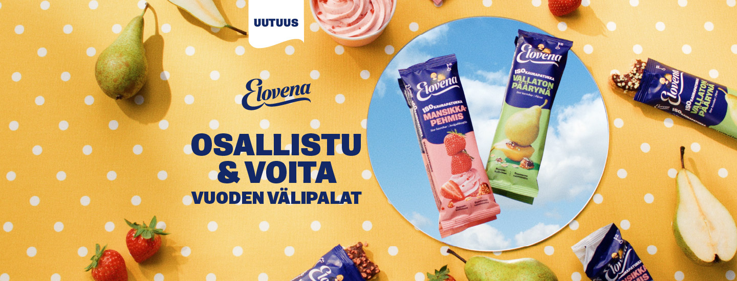 Keltaisella pohjalla päärynöitä, mansikoita ja Elovena patukoita,