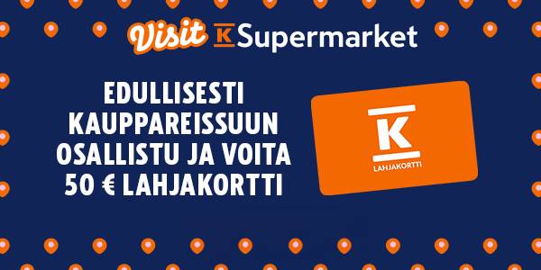 K-supermarketin mainos, jossa tummansinisellä taustalla mainostetaan mahdollisuutta voittaa 50 euron lahjakortti.